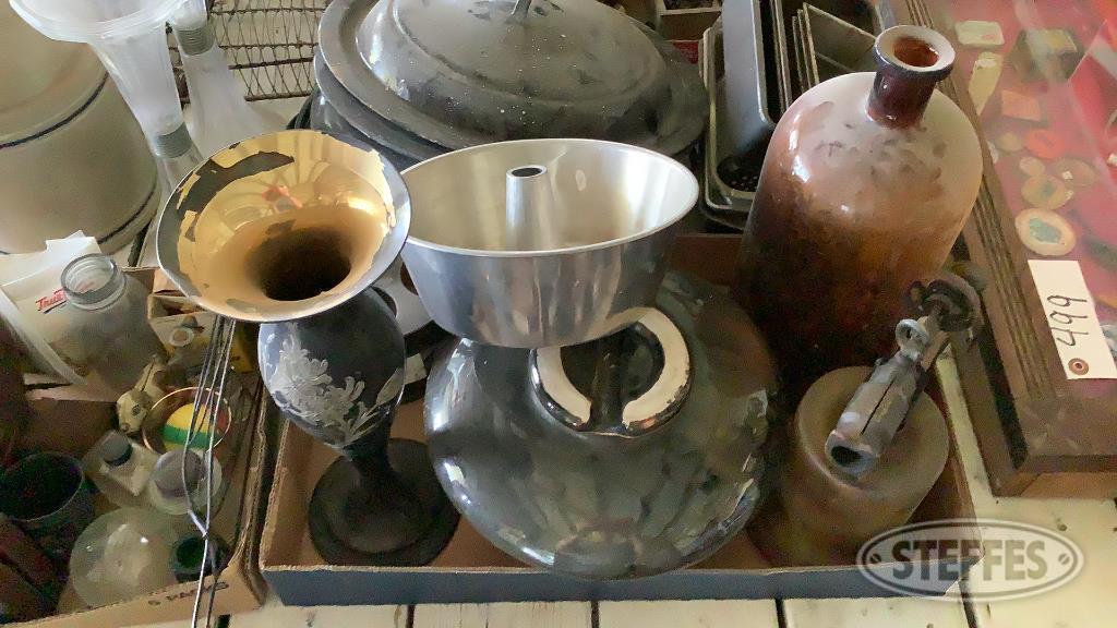 Assorted Pots, Pans, Whiskey Jug, Misc.